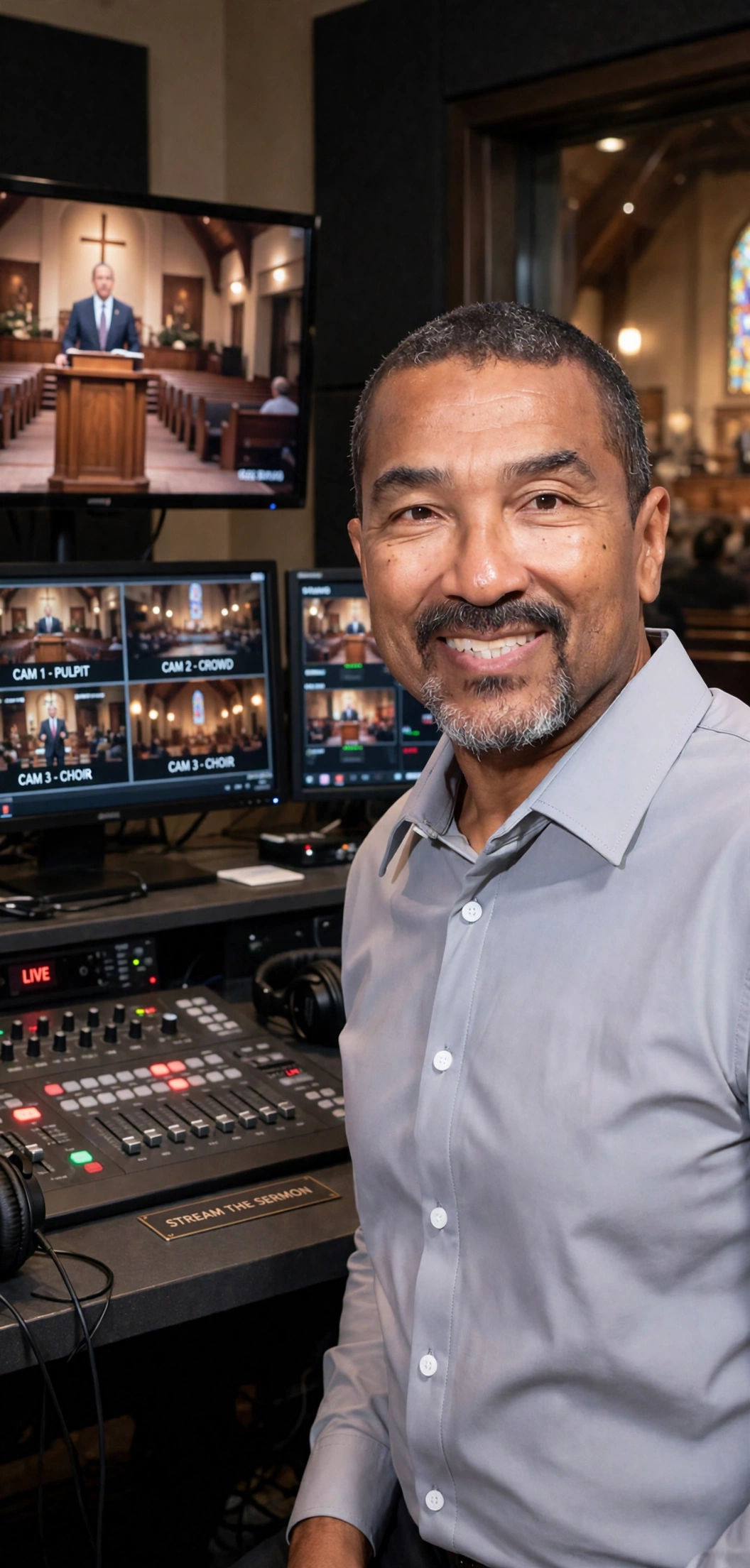 Walter Wells II at the livestream controls in the church media booth